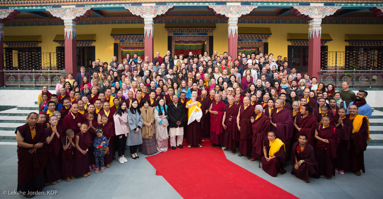 LJ-190102-01-005 Karmapa, Sangyumla, Thugsey, Yum Mrs Kunzang, and other members of the family, together with Rinpoches, monks, KIBI staff and lay students at the Public Meditation Course 2018/2019