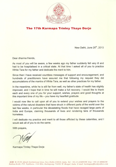 Thank you letter for Mipham Rinpoche