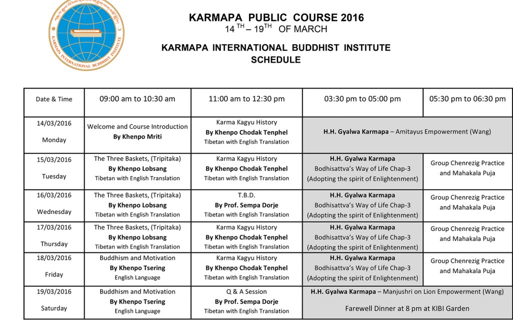 Schedule of Karmapa Public Course 2016