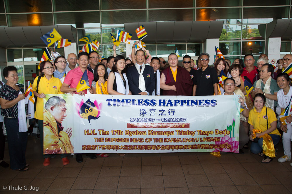 HH Gyalwa Karmapa arrives at Kuching International Airport and is welcomed by the local organisers, venerable teachers, monks, nuns and many followers.