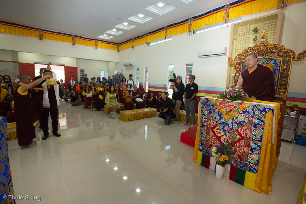 His Holiness Gyalwa Karmapa arrives at the new Kuching Karma Kagyu Dharma Society. Welcoming ceremony and body- speech- and mind offering by the people in charge of the center.