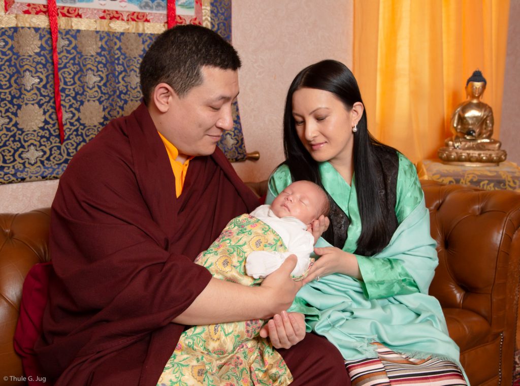 Thaye Dorje, His Holiness the 17th Gyalwa Karmapa, with his wife Sangyumla Rinchen Yangzom, and their newborn son Thugsey