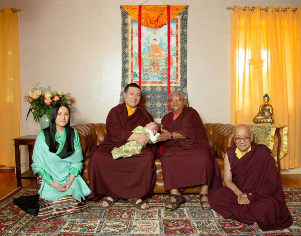 (Left to right) Sangyumla Rinchen Yangzom; Thaye Dorje, His Holiness the 17th Gyalwa Karmapa; their son Thugsey; Jigme Rinpoche, Karmapa's General Secretary; Solponla Tsultrim Namgyal, Karmapa's Senior Attendant