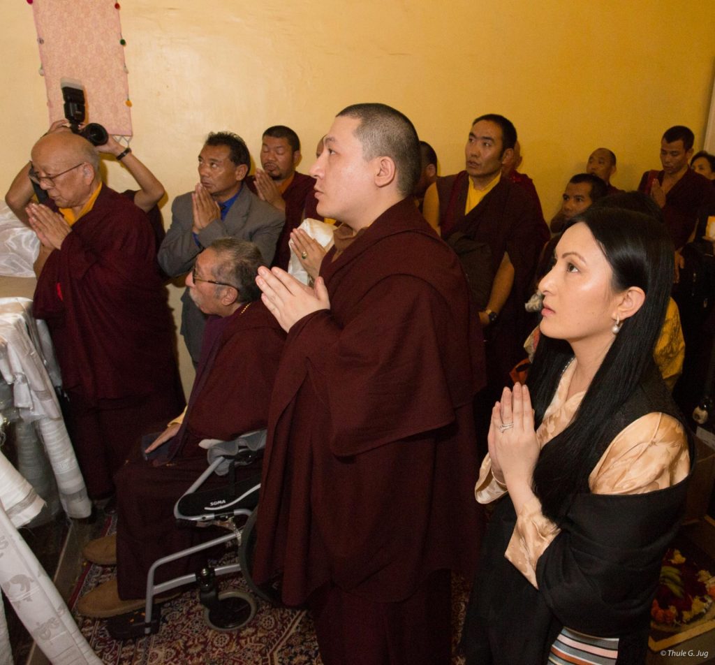 Thaye Dorje, His Holiness the 17th Gyalwa Karmapa, his wife Sangyumla, together with HE Mipham Rinpoche, Solponla Tsultrim Namgyal, and others offering prayers at Bodh Gaya in 2017