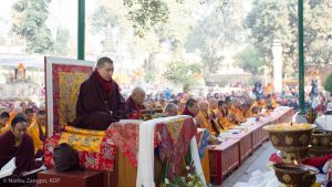 Thaye Dorje, His Holiness the 17th Gyalwa Karmapa, leads prayers at the Kagyu Monlam, Bodh Gaya, December 2018