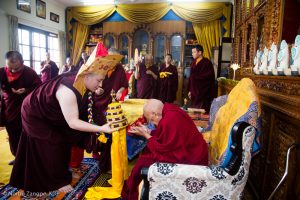 With humble appreciation, Karmapa offered His Eminence Luding Khen Rinpoche a mandala, a symbolic offering of body, speech and mind, together with other gifts